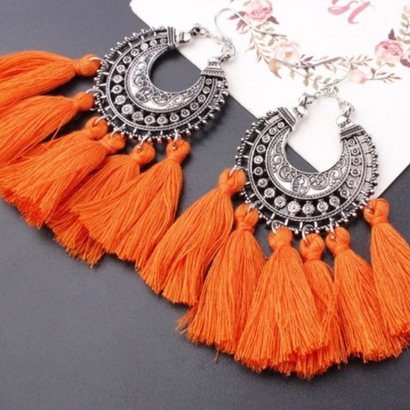 Tribal crescent moon tassel earrings - Picture 1 of 7